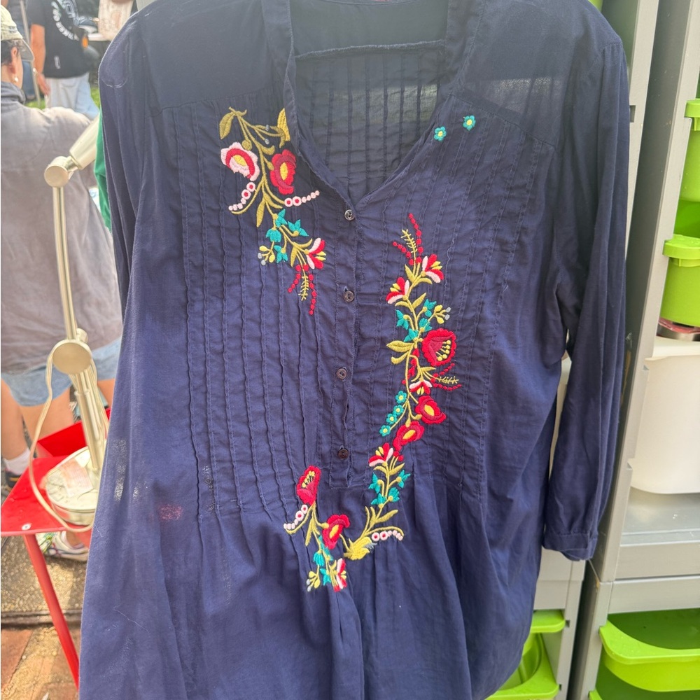 Johnny Was Blue Embellished Tunic with Mandarin Collar